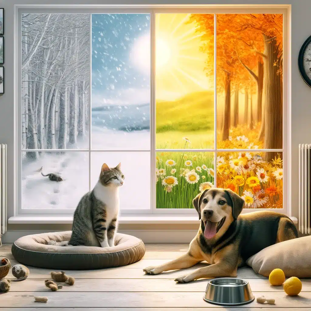 Fotografía de un gato y un perro relajados cerca de una ventana, mostrando el cambio de estaciones con nieve, flores de primavera, sol de verano y hojas de otoño.